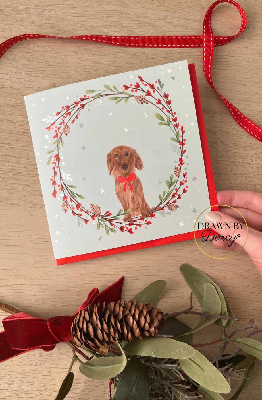 Long Haired Dachshund Red Christmas Greetings Card