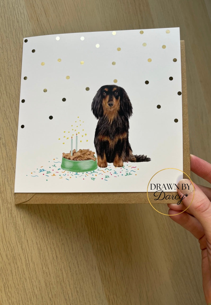 Long Haired Dachshund Black and Tan Birthday Greetings Card