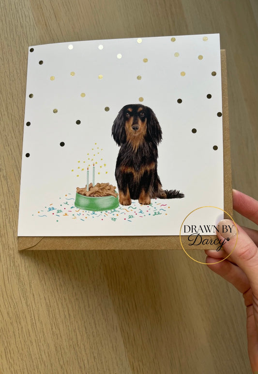 Long Haired Dachshund Black and Tan Birthday Greetings Card