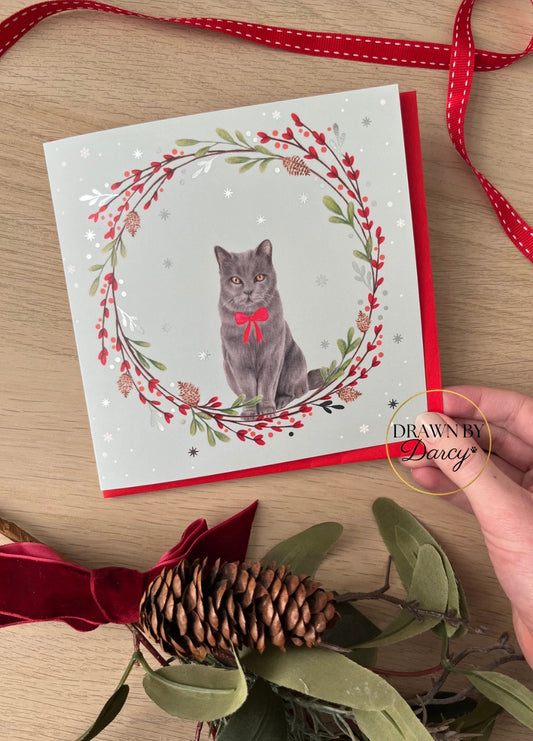 Blue Cat Christmas Greetings Card