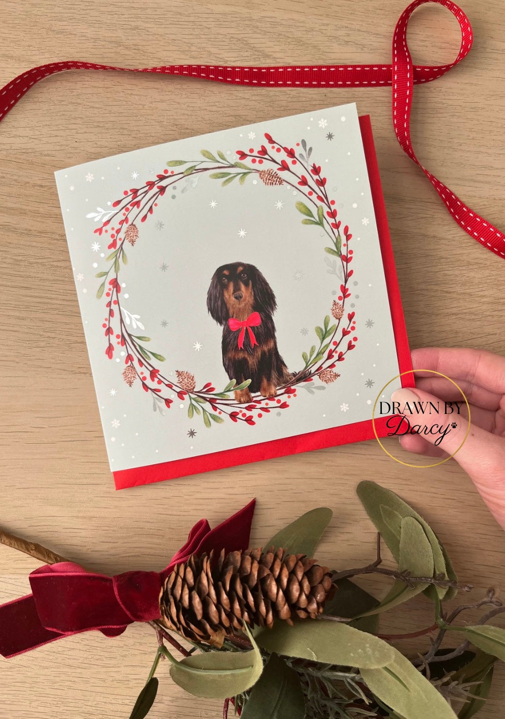 Long Haired Dachshund Black and Tan Christmas Greetings Card