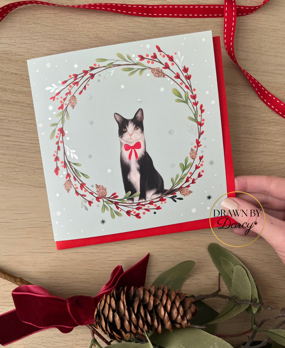 Black and White Cat Christmas Greetings Card